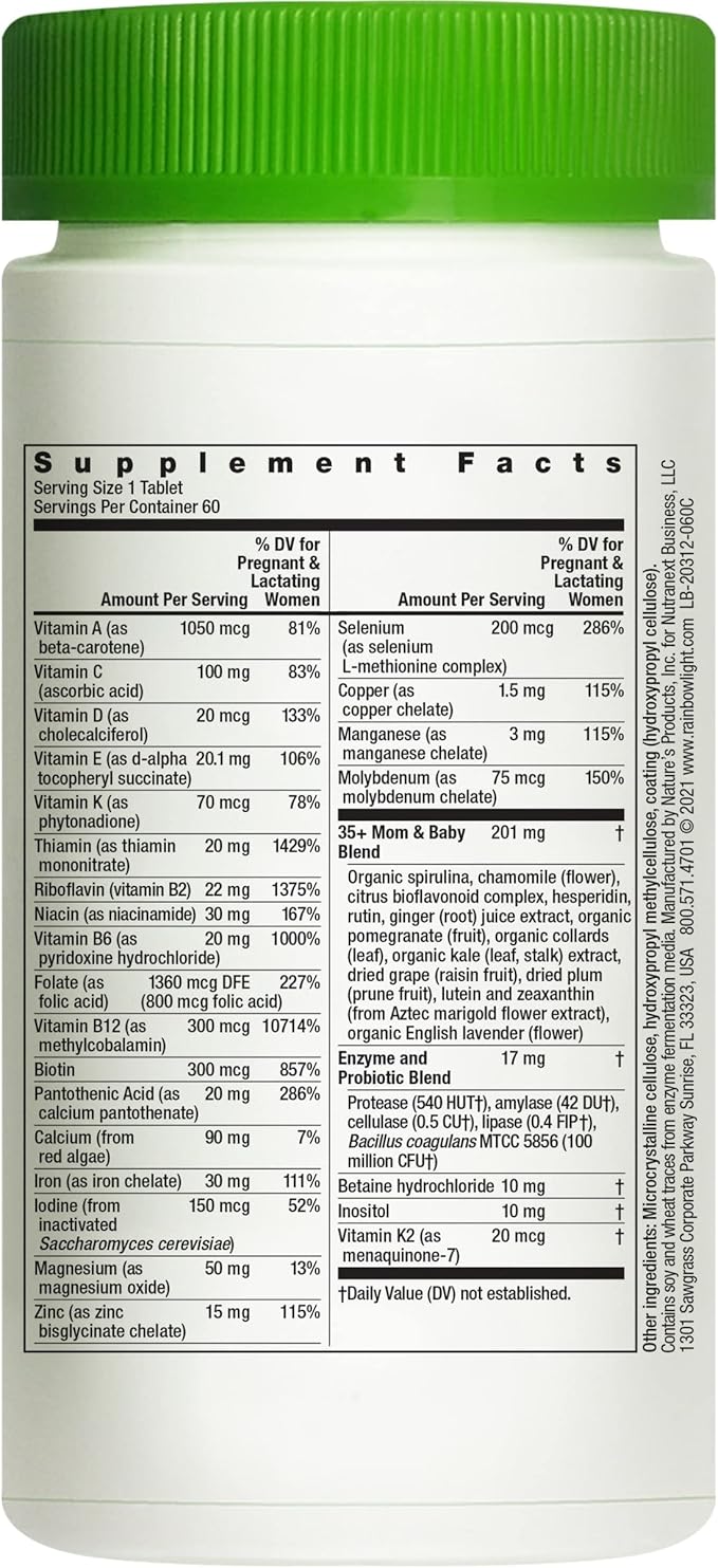 Rainbow Light 35+ Mom and Baby Multivitamin, Prenatal Vitamins Provide High-Potency Mom's Health and Baby's Development Support, With Folate and Iron, Vegetarian, 60 Count