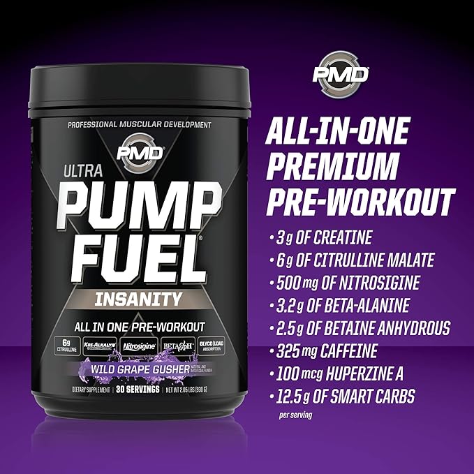 PMD Sports Ultra Pump Fuel Insanity - Pre Workout - Grape Gusher (30 Servings) Sports Omega Cuts Elite Thermogenic Fat Burner (90 Softgels)