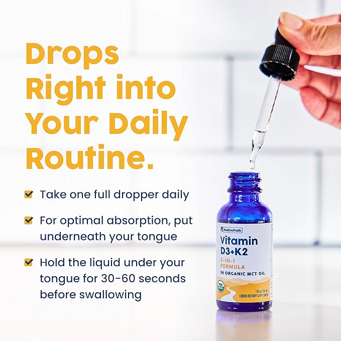 NativePath D3K2 Tincture - 2000IU Vitamin D3 and Vitamin K2 Supplement with Organic MCT Oil - 1 Fluid Ounce - Rapid Bioavailability Multi-Vitamin for Bone Strength and Total Body Wellness, 30 Servings
