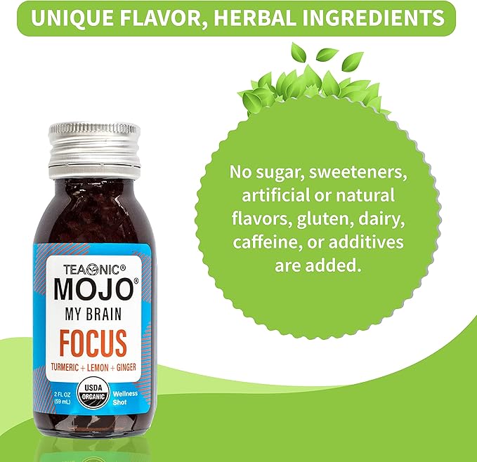 TEAONIC My Brain Mojo: Focus Wellness Shots - USDA-Certified Vegan Formula with Ginkgo Biloba, Ginger, Turmeric - 12 Bottles x 2 Fl Oz Each - Gluten-Free, Non-GMO