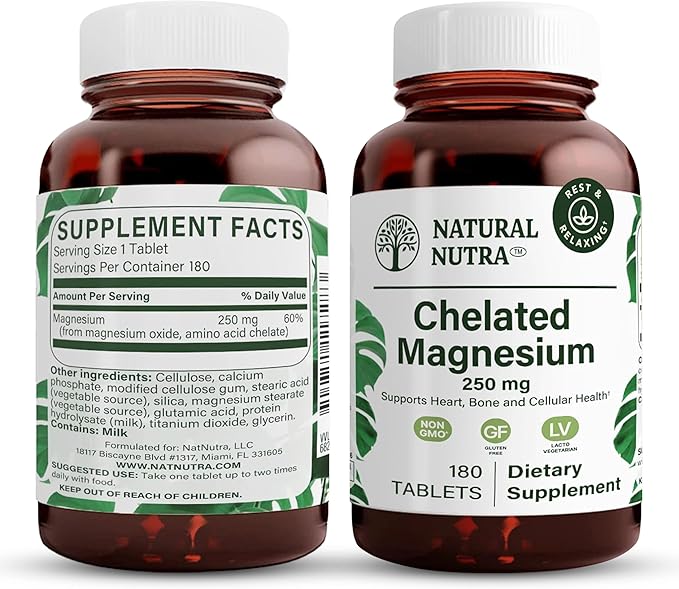 Natural Nutra Chelated Magnesium Oxide 250 mg - High Absorption for Strong Bones, Heart Health, Dental Health, Energy Boost, Gluten-Free, Non-GMO, 180 Tablets in BPA-Free Recyclable Glass Bottles