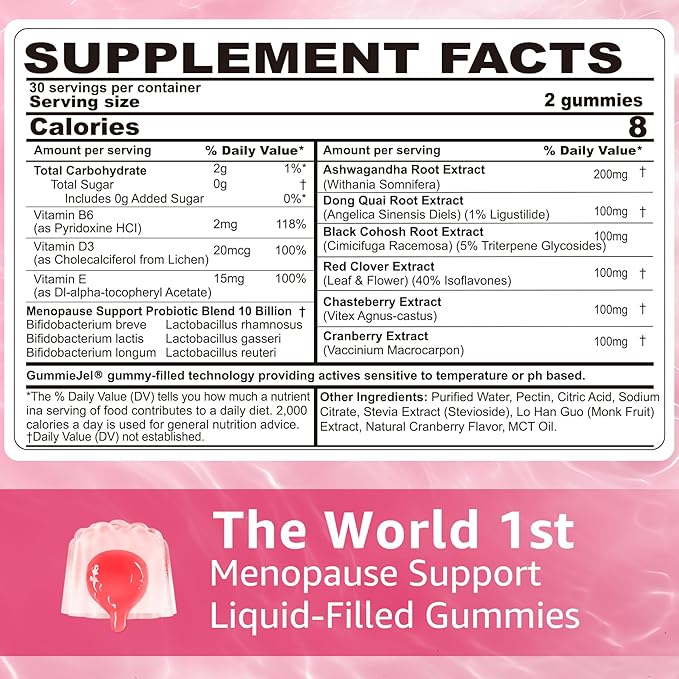Sugar Free Menopause Supplement Filled Gummies for Women, (Made in USA) Menopause Probiotics Gummies with Ashwagandha, Dong Quai & Black Cohosh for Hot Flashes, Night Sweats, Mood Swings, Gut Health