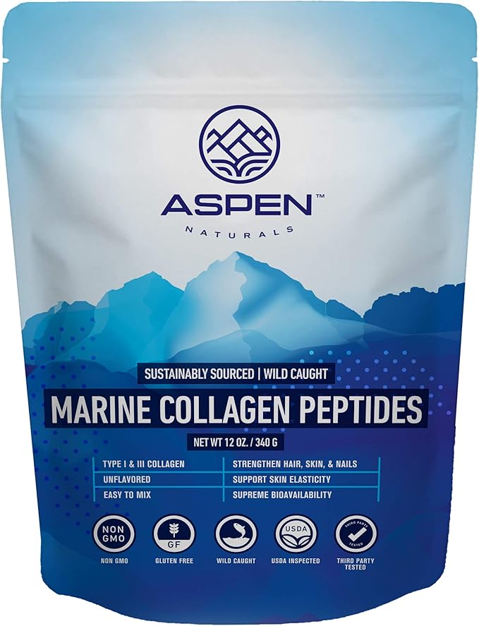 ASPEN NATURALS Marine Collagen Peptides Powder 12 Oz – Type I & III | Sustainably Sourced, Wild Caught | for Hair, Skin & Nails | Unflavoured, Easy to Mix, Gluten-Free, Non-GMO
