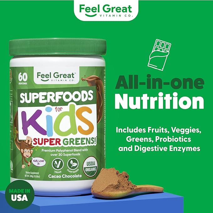 Feel Great USDA Organic Super Greens Powder for Kids - Cocao Chocolate | Fruit & Veggie Supplement | Superfood Powder with Probiotics & Digestive Enzymes for Digestive Health | 60 Days Supply