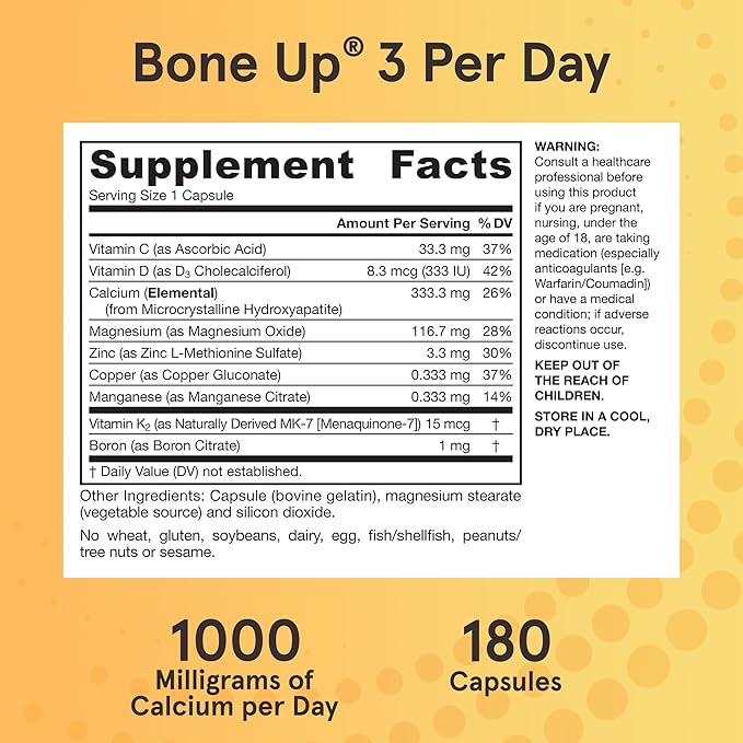 Jarrow Formulas BoneUp Three Per Day For Bone Support and Skeletal Nutrition, Includes Vitamin D3, K2 (as MK-7) and 1000 mg of Calcium Per Day, 180 Capsules, 60 Day Supply