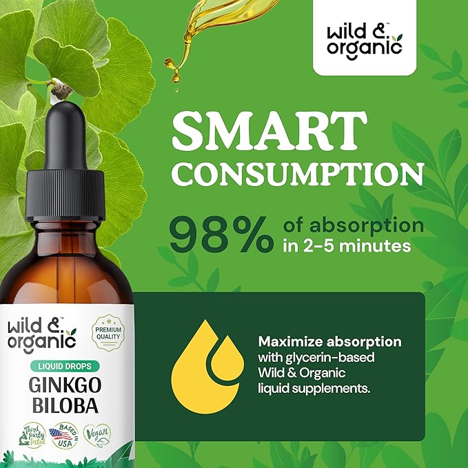 Wild & Organic Ginkgo Biloba Tincture - Brain & Focus Support with Ginkgo Leaf Supplement - Vegan, Sugar & Alcohol-Free Herbal Extract Tincture - 2 fl oz