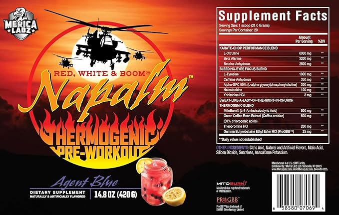 'Merica Labz Red White & Boom Napalm Thermogenic Pre-Workout with 3 Patented Ingredients, Nootropics+350mg Caffeine, 20 Servings (Agent Blue, 380g)