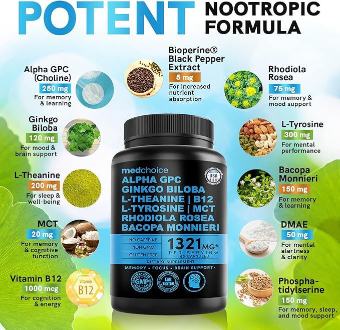 12-in-1 Nootropic Ginkgo Biloba for Brain Support, Memory and Focus - B12, Alpha GPC, L Theanine and Choline Supplements with Bioperine Non Caffeinated 1321mg (60ct)