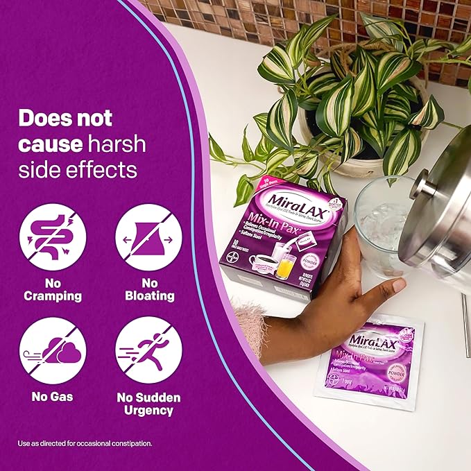 MiraLAX Gentle Constipation Relief Laxative Powder, Stool Softener with PEG 3350, No Harsh Side Effects, 1 Doctor & OBGYN Recommended, Single Dose Mix-in Pax, Travel Pack, 24 Dose
