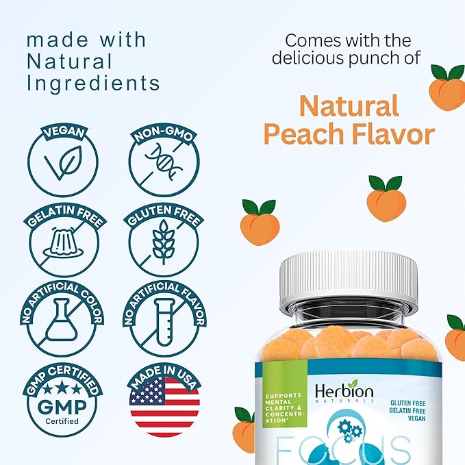 HERBION Naturals Taurine Gummies with Ginseng, L-Theanine, Vitamin C, B3, B6, & B12, Support Mental Clarity & Concentration*, Natural Peach Flavor, Gluten-Free, USA Made,120 Count (Pack of 2)