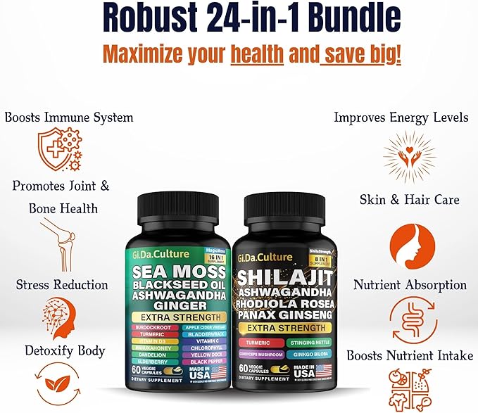 GiDa Culture Shilajit and Sea Moss Combo - Sea Moss and Shilajit Bundle with Ashwagandha, Black Seed, Turmeric, Bladderwrack, Burdock, Black Pepper with Vitamins and Antioxidants - 120 Veggie Capsules