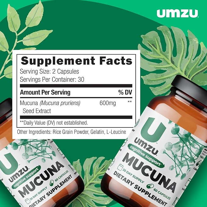 UMZU Mucuna Pruriens - Dopamine Production Support - Brain, Well-being & Memory Health - Antioxidants & Hormone Support - 30 Day Supply - 60 Capsules
