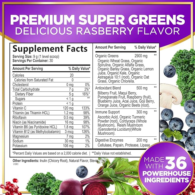 Greens Superfood Powder - Greens Powder Mix for Energy, Spirulina, Chlorella & Digestive Enzymes, Antioxidant Super Green Mix, 20+ Amazing Superfoods Support Digestion, Vegan & Non-GMO - 30 Servings