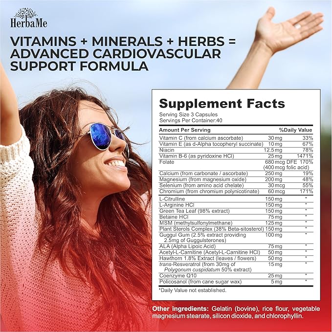 Heart Support and Blood Flow Supplement, 120 Capsules, Supports Cardiovascular Health, Healthy Cholesterol, Triglyceride, Homocysteine, CRP Levels | Boost Naturally Circulatory Function