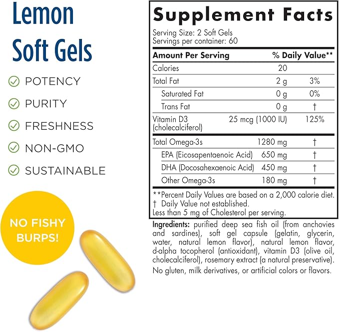 Nordic Naturals ProOmega-D, Lemon Flavor - 120 Soft Gels - 1280 mg Omega-3 + 1000 IU D3 - High-Potency Fish Oil - EPA & DHA - Brain, Eye, Heart, & Immune Health - Non-GMO - 60 Servings