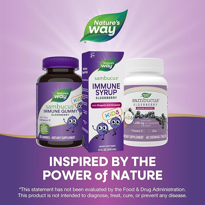 Nature's Way Sambucus Elderberry Immune Syrup for Kids Ages 2+, with Echinacea & Propolis, Daily Immune Support*, Vegetarian, Berry Flavored, 8 Fl Oz