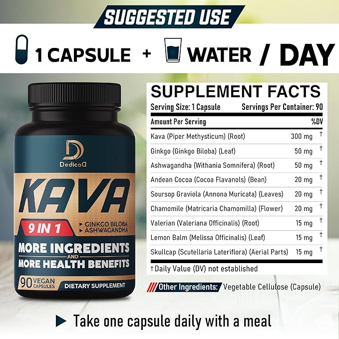 Kava Kava Capsules - 3 Month Supply - 9 Herbs with Ginkgo Biloba, Ashwagandha Root, Andean Cocoa, Graviola Leaf, Chamomile, Valerian, Lemon Balm & Skullcap - Support Mood & Immune - 90 Pills