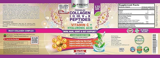 FRESH HEALTHCARE Multi Collagen Pills with Type I, II, III, V & X Peptides with Vitamin C, Hyaluronic Acid - Supports Healthy Hair, Skin, Nails and Joints - 120 Kosher Capsules