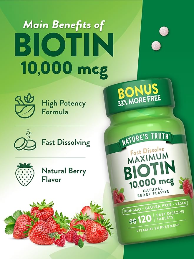 Nature's Truth Biotin 10000mcg | 120 Fast Dissolve Tablets | Maximum Strength | Natural Berry Flavor | Vegan, Non-GMO & Gluten Free Supplement