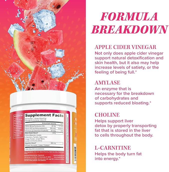 ACV Gut Cleanse Detox Powder | Detox Cleanse Metabolism Booster for Weight Loss | Nourishing L-Carnitine & Digestive Enzymes | Digestion & Bloating Relief for Women | Watermelon Flavored, 50 Servings.