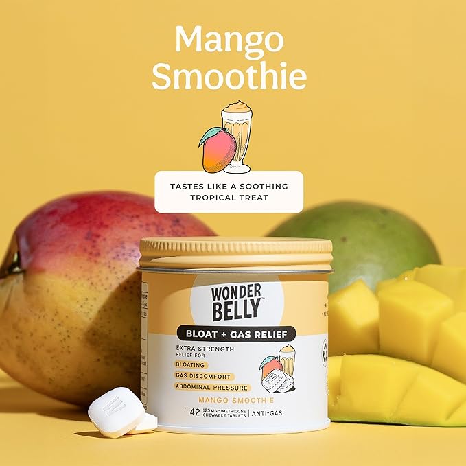 Wonderbelly Bloat + Gas Relief, Extra Strength Chewable Tablets, with 125 mg Simethicone, No Talc or Dye, Mango Smoothie, 42 Count