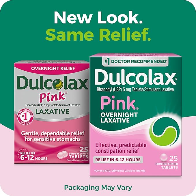 Dulcolax Pink Stimulant Laxative Tablets, Overnight Laxative, Predictable & Effective Constipation Relief, Relieves Straining & Bloating, Bisacodyl 5 mg, 25 Count