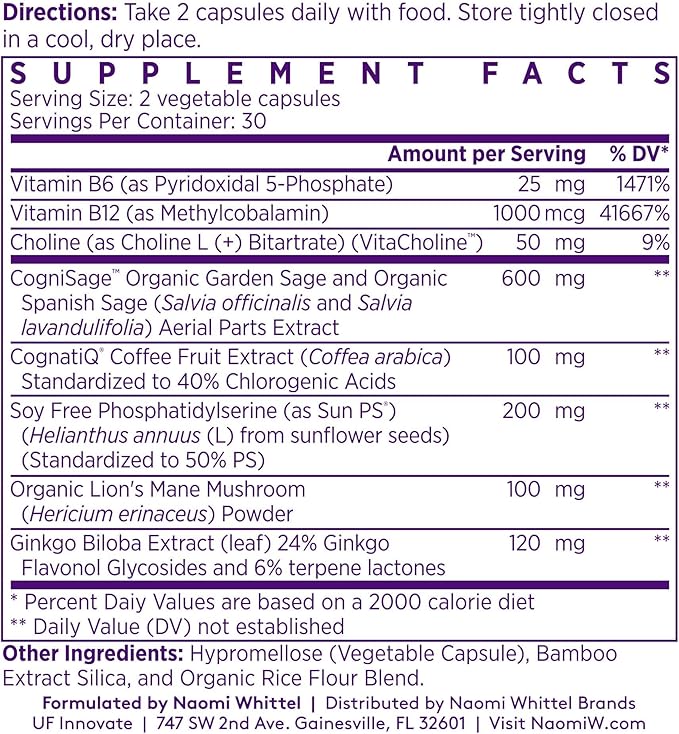 NAOMI Brainspan™ with BDNF Boost - Fast-Acting Support for Healthy Brain Function & Performance, Lion's Mane Mushroom, Ginkgo Biloba Extract, Garden Sage, Spanish Sage - 60 Capsules, 30-Day Supply