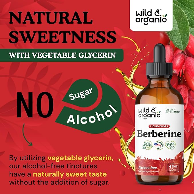 Wild & Organic Berberine Drops 500mg - Liquid Berberine Supplement HCL for Overall Support - Pure Extract Tincture - Vegan, Alcohol & Sugar-Free - 4 fl oz