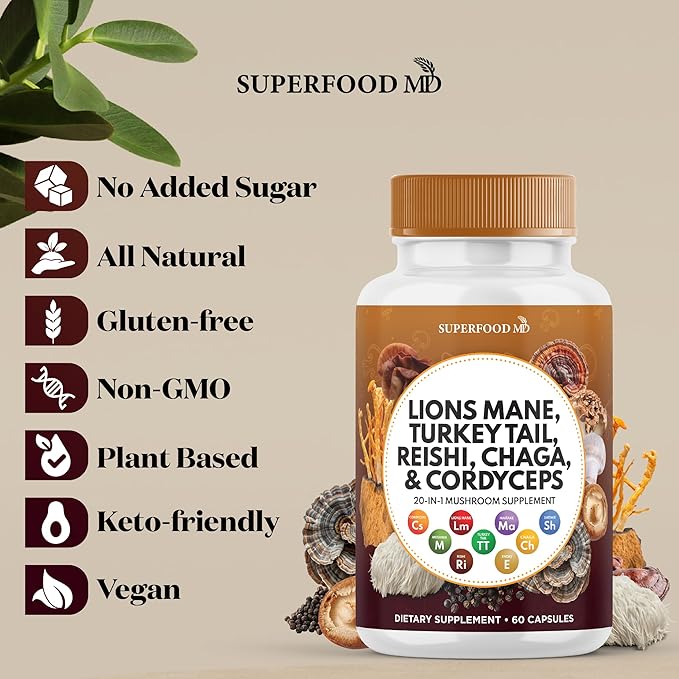 Lions Mane Mushroom Supplement with Turkey Tail Reishi Cordyceps Chaga with Marshmallow Root - 180 Count