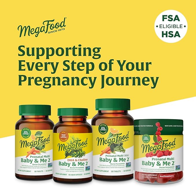 MegaFood Baby & Me 2 Prenatal Vitamins for Women, DHA & Choline Supplements, Liquid DHA and Choline for Baby's Brain and Eye Development During Pregnancy, Vegan, 60 Capsules (30 Servings)