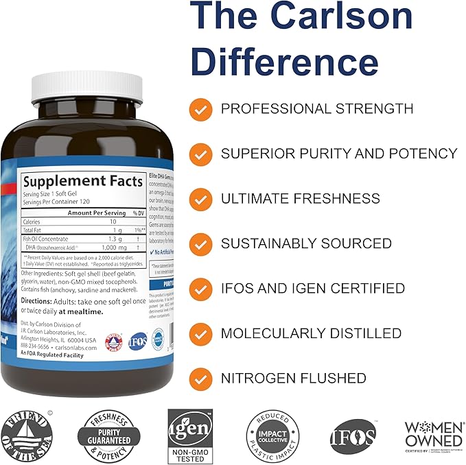 Carlson - Elite DHA Gems, 1000 mg DHA, Wild Caught, Sustainably Sourced, Brain Function & Healthy Vision, 120 Softgels