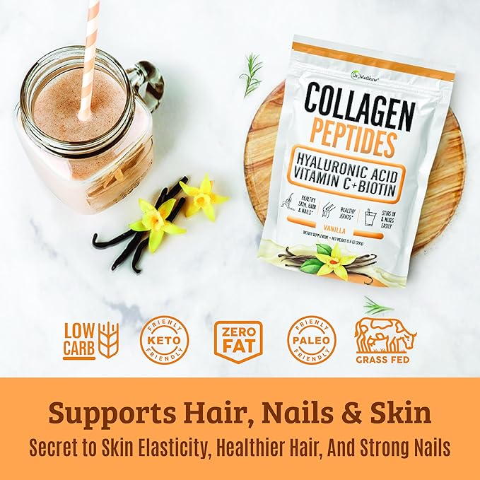 Dr. Matthew Vanilla Collagen Protein Powder with Hyaluronic Acid, Vitamin C and Biotin for Hair, Skin, Nails, Joint. Keto, Type 1 and 3.
