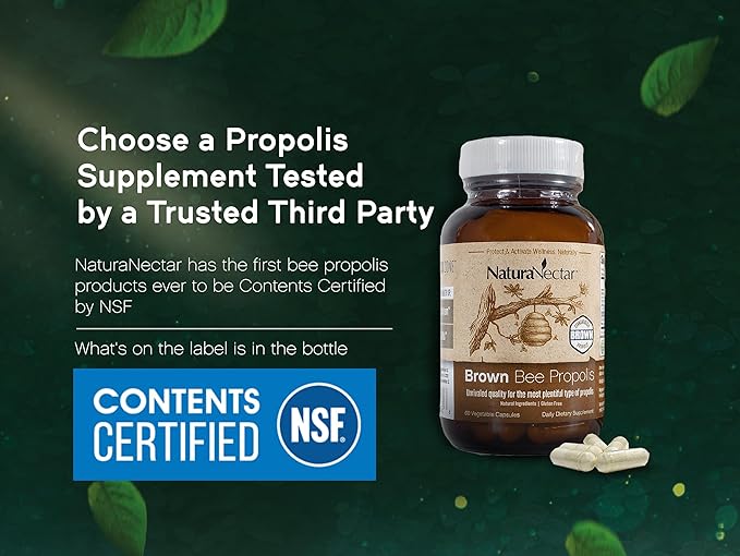 NaturaNectar - Brown Bee Propolis - NSF Contents Certified - Premium Brazilian Propolis - Gluten-Free Supplement with Flavonoids, FLAV-B and PWE - Naturally Sourced Through Ethical Beekeeping (60pcs.)