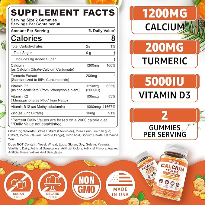 Calcium Supplements for Women & Men (Made in USA) - Calcium 1200mg with Vitamin D3 K2 B12 5000 IU Turmeric & Zinc, Suger-Free Calcium Gummies for Bone, Muscle & Immune Support - Vegan(120 Count)