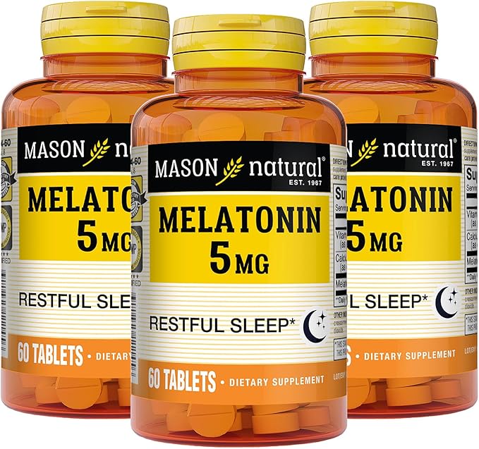 MASON NATURAL Melatonin 5 mg with B6 & Calcium, Natural Sleep Aid, Supports Restful Sleep, 60 Tablets, Pack of 3