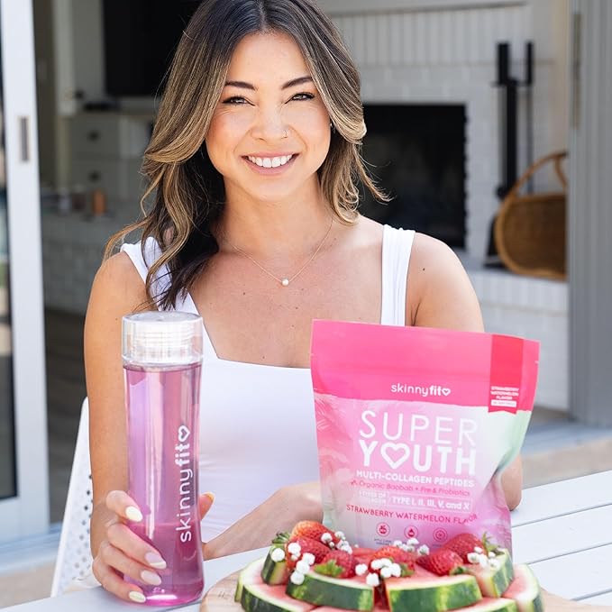 SkinnyFit - Super Youth, Strawberry Watermelon (30 Servings) - Multi Collagen Peptides Powder - Probiotics, Fiber, Hyaluronic Acid - Collagen for Women - Non GMO, Gluten Free, Sugar Free - Self Care