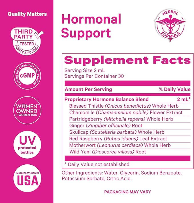 Pink Stork Hormone Balance Support Liquid - Hormonal Health, PMS and Period Relief, Menopause + Mood Support, Herbal Supplement for Women with Red Raspberry Leaf & Wild Yam - Vegan, 2 oz, 30 Servings