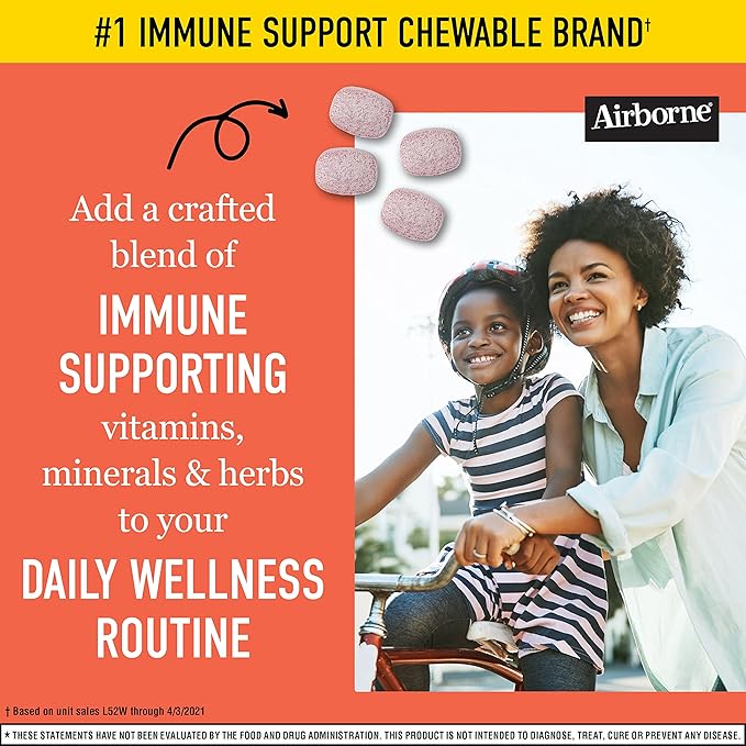 Airborne 1000mg Vitamin C Chewable Tablets Citrus & Very Berry Flavor Bundle - Immune Support Supplement with Zinc and Powerful Antioxidant Vitamins A C & E, (2x96ct bottles)*