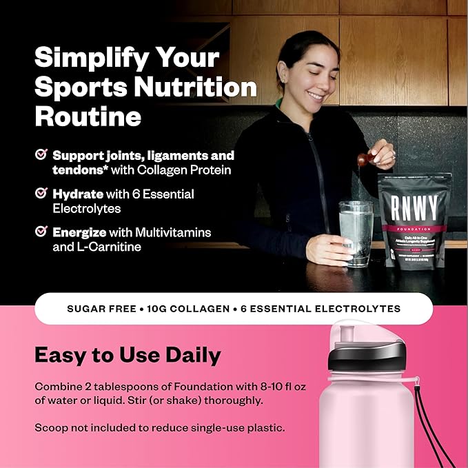 RNWY Foundation Collagen + Hydration Powder, Daily Joint Support with Electrolytes, Wild Cherry, 10g Collagen Peptides, 30 Servings