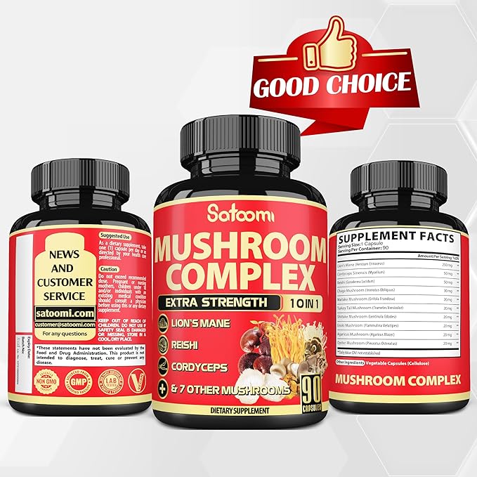 Satoomi 10in1 Mushroom Supplement Complex - Lions Mane, Cordyceps, Reishi, Chaga - Brain Supplements for Memory and Focus - 3 Month Supply