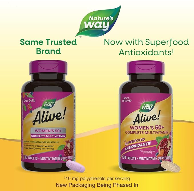 Nature's Way Alive! Women's 50+ Complete Multivitamin, Supports Healthy Heart, Brain, Bones*, Superfood Antioxidants(1), B-Vitamins, Gluten Free, 130 Tablets (Packaging May Vary)