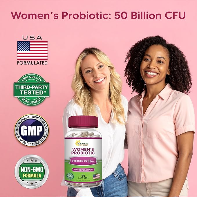 aSquared Nutrition Probiotics for Women - 50 Billion CFU Women's Probiotic Supports Digestive, Gut, Vaginal & Urinary Tract Health - Prebiotics for Females - 60 Capsules - Alt to Gummies