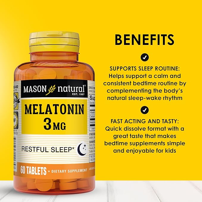 MASON NATURAL Melatonin 3 mg with B6 and Calcium, Natural Sleep Aid, Supports Healthy Sleep & Rest, 60 Tablets