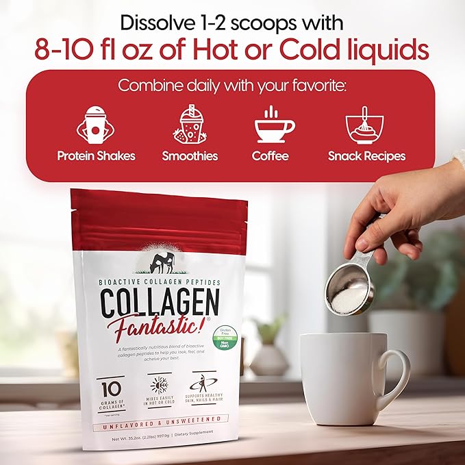 Collagen Fantastic Hydrolyzed Collagen Peptides Powder (90 Servings) - Grass Fed Bovine Collagen Protein Powder Type 1 & III for Joint, Bone & Skin Support - Gluten Free, Soy Free & Non-GMO (2.2 Lb)