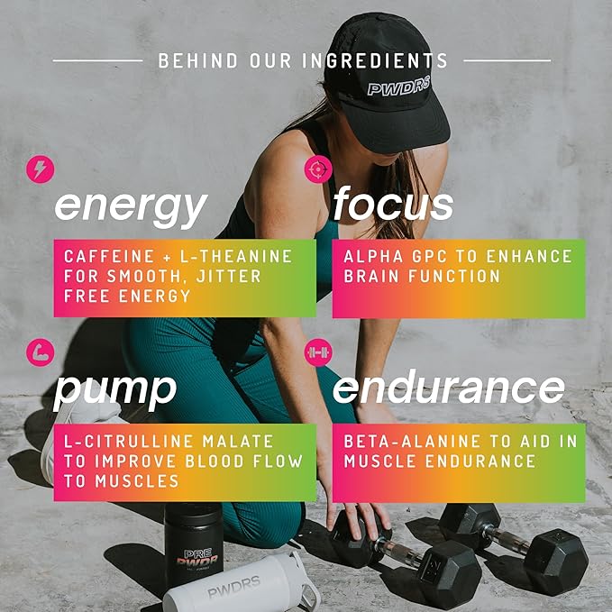 PWDRS Pre-Workout Powder, All Natural Pre Workout for Energy, Pump, Endurance & Strength, with Caffeine (Sour Gummy)