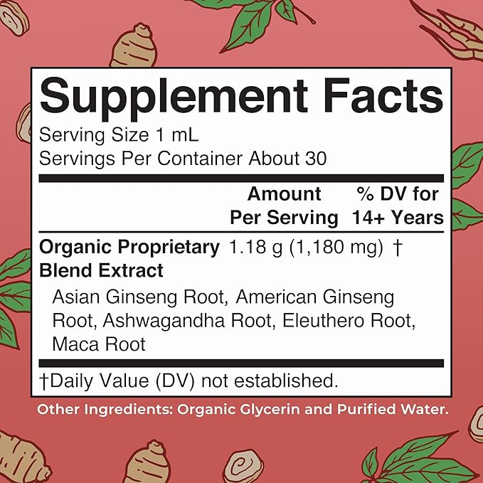 MaryRuth Organics Herbal Supplement for Brain Function | Boost Energy | Memory | Vitality USDA | Ginseng with Ashwagandha | Eleuthero and Maca Root Extract | 1 Fl Oz