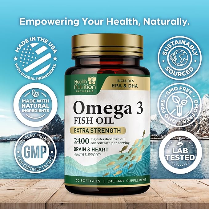 Omega 3 Fish Oil Triple Strength 1200 mg Softgels, Omega-3 Supplements, Natural Brain Heart Health & Immune Support - Fatty Acids with EPA & DHA - Wild Caught Fish Oil Supplement - 60 Softgels