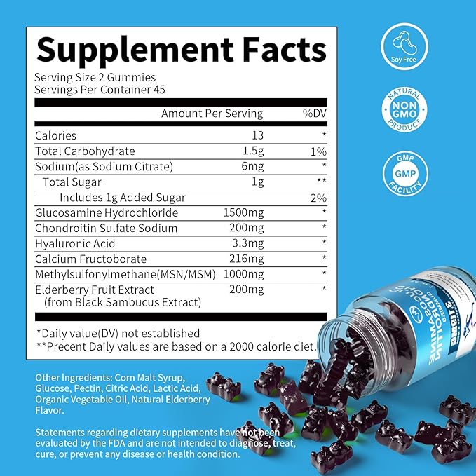 Glucosamine Chondroitin Gummies, 1500mg Glucosamine & 1000mg MSM per Serving, Joint Support Supplement for Adults, Elderberry Flavor, 45 Servings(Pack of 2)