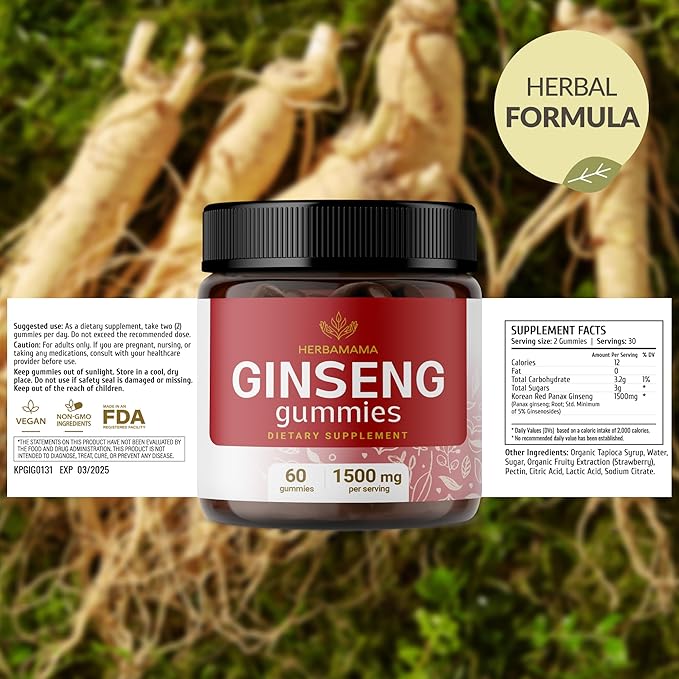 HERBAMAMA Panax Ginseng Gummies - 1500mg Korean Red Ginseng Root for Energy Support - Vegan, Non-GMO Red Panax Immune Support Supplement - 60 Pectin-Based Strawberry-Flavored Chews