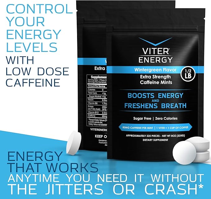 Viter Energy Extra Strength Caffeinated Mints 80mg Caffeine, B Vitamins, Sugar Free. (Wintergreen, 8oz, Bulk Bag)